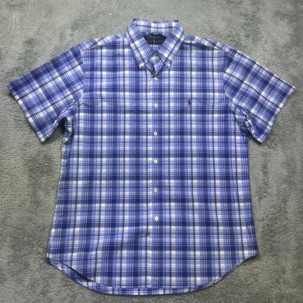 Ralph Lauren Shirt Men' L‎ Blue White Plaid Short Sleeve Button Down Classic Fit